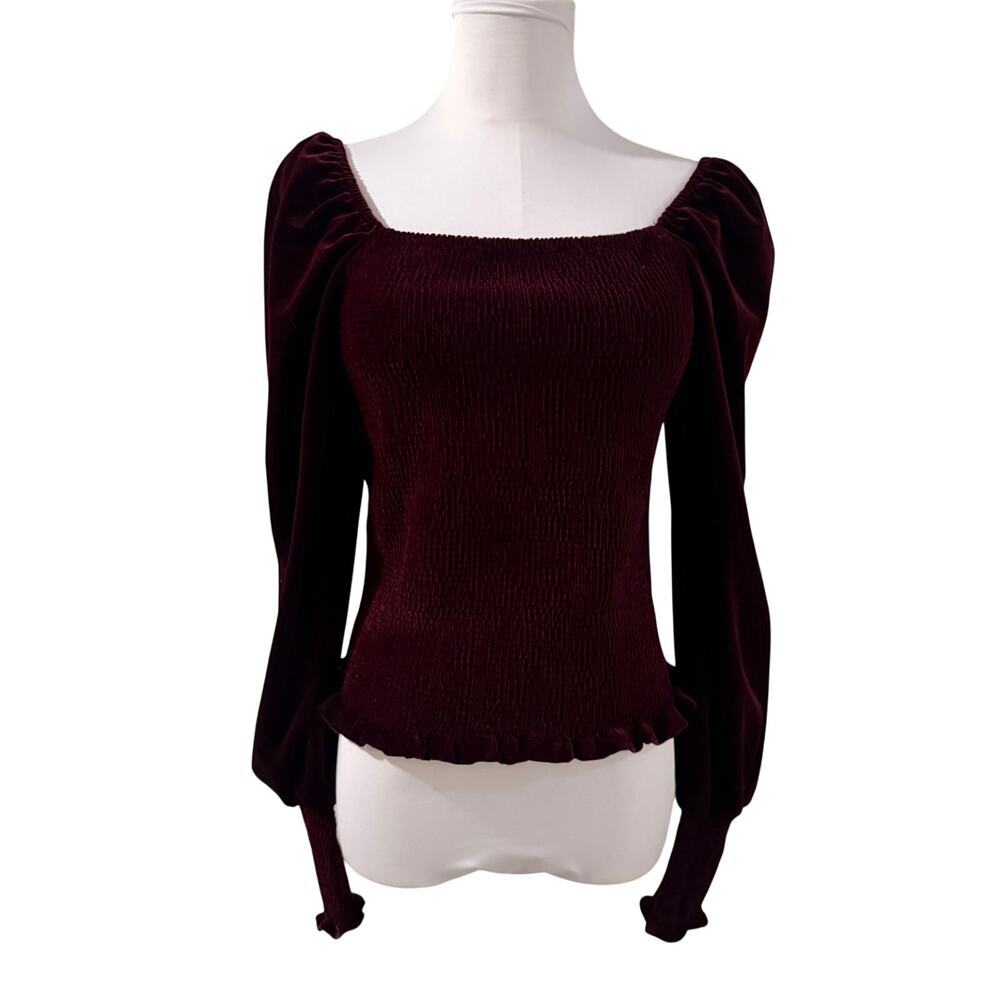 Truth by Republic Velvet Smocked Puff Sleeve Top Burgundy Square Neck Small Fall